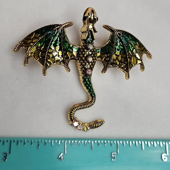 Dripping Oil Enamel Dragon Brooch Retro Style Pin Rhinestone Sparkling Goth Punk - Picture 2 of 7